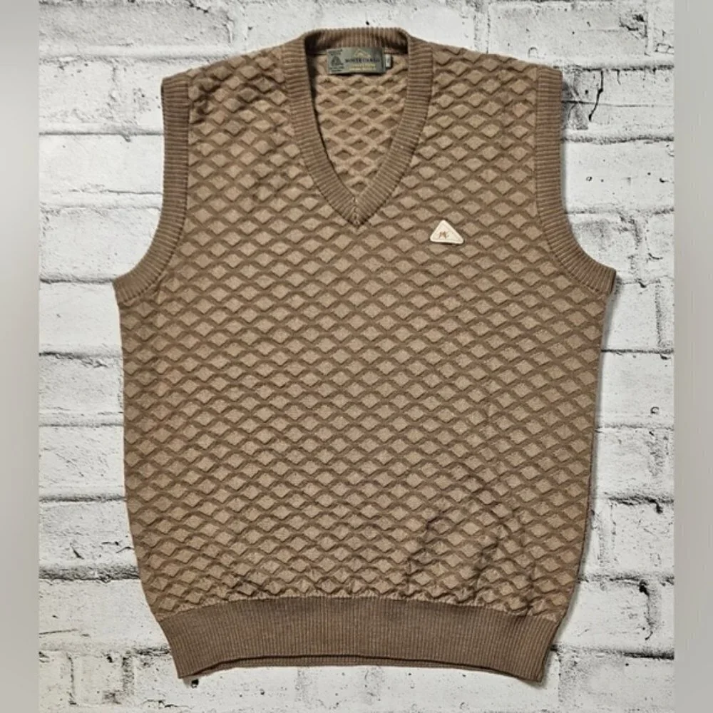 Monte Carlo Men's Wool Sweater Vest XL (40) Brown Tan Textured V-Neck